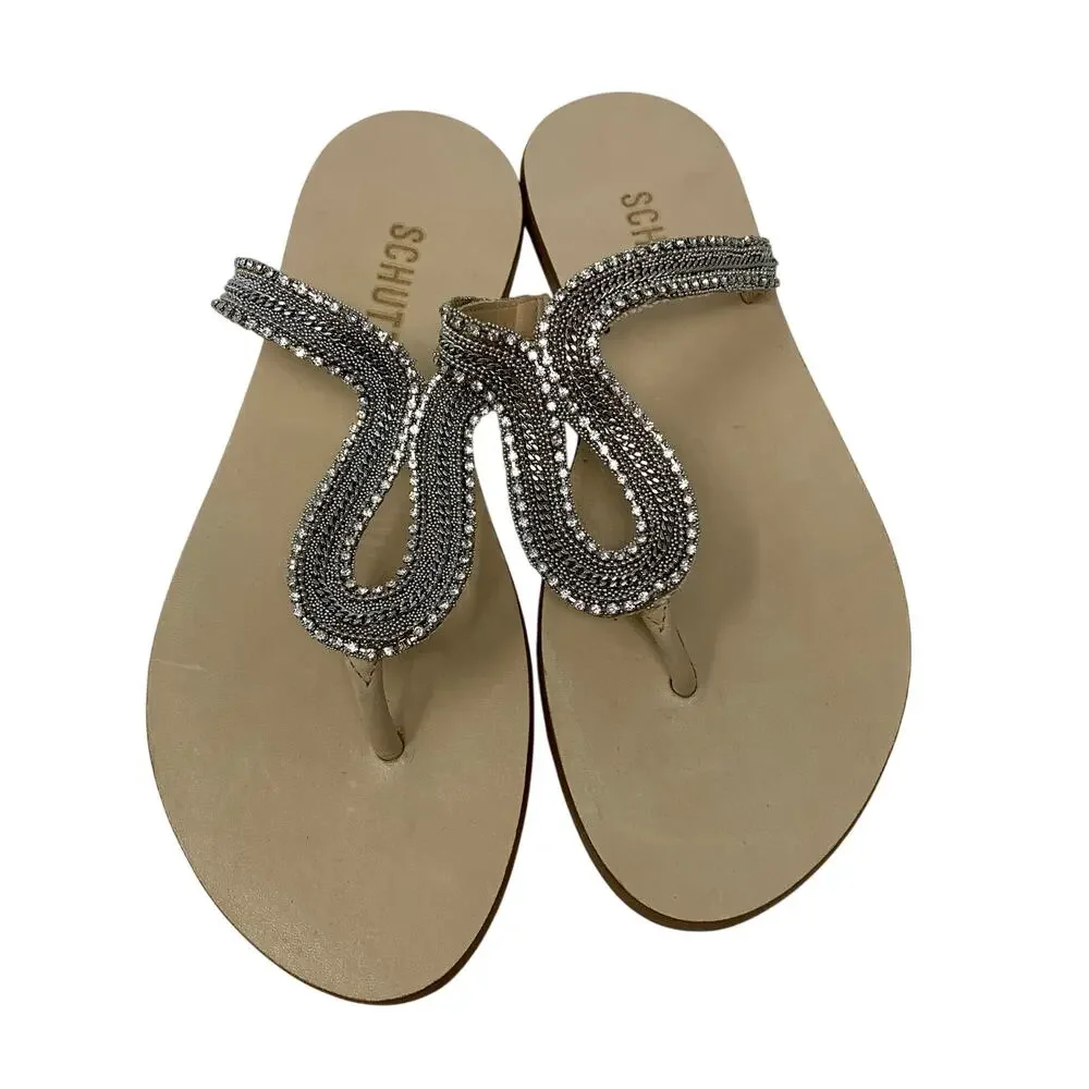 Schutz Tilly Flat Sandals Womens Sz 7 Chain Rhinestone Bejeweled Flip Flops